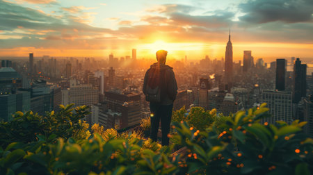 The man is standing on the top of the building, he is looking at the beautiful sunset. The city is in the background. The sky is orange and the sun is setting. The man is wearing a jacket and he has a backpack on his back. He is alone and he seems to be enjoying the view.の素材