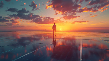 /imagine prompt: An engineer in a vast solar farm, inspecting photovoltaic panels at sunrise, the light reflecting a commitment to sustainable energy --ar 16:9 --stylize 300 Job ID: d3e8807d-dab2-42b1-809d-e482722dfed6の素材