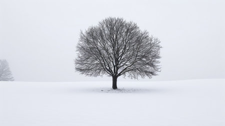 The photo shows a large tree in a snowy field. The tree is the only thing in the photo, and it is surrounded by a vast expanse of snow. The photo is peaceful and serene, and it captures the beauty of the winter landscape.の素材