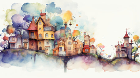 The watercolor painting shows a whimsical cityscape with brightly colored houses and a castle in the distance.の素材