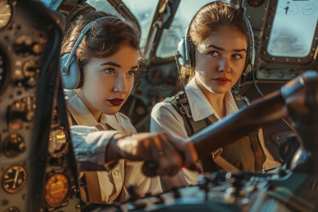 Two businesswomen in a vintage airplane cockpit, collaborating on flight navigation plans, symbolizing exploration and discoveryの素材