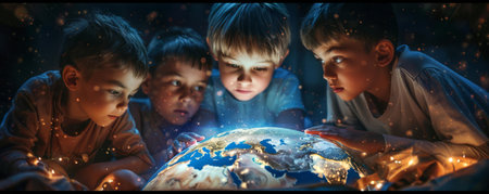 Youth from different continents connecting over a giant, luminous globe at night, their faces lit by the light of the worldの素材