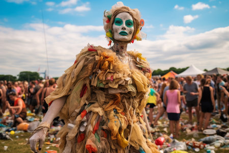 This image shows a person wearing a dress made of colorful plastic bags and bottle. The person is standing in a field with a lot of people in the background. The image is taken from a low angle, making the person look larger than life.の素材
