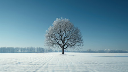 This photo shows a tree in winter. The tree is covered in snow and looks very cold. The sky is blue and the sun is shining. The photo is very peaceful and serene.の素材