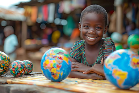 Young entrepreneurs at a global market selling products that contribute to sustainable development, each stall a miniglobe with different resourcesの素材