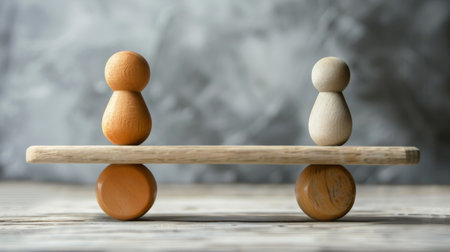 Conceptual image of social inequality. Wooden figures on scales.の素材