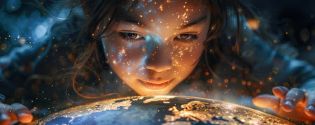 Youth from different continents connecting over a giant, luminous globe at night, their faces lit by the light of the worldの素材