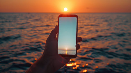 The photo shows a hand holding a phone. The phone is being held up to take a picture of the sunset over the ocean. The sun is setting and the sky is a bright orange. The water is calm and there are small waves.の素材