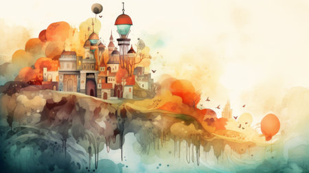 The image is a watercolor painting of a whimsical city with brightly colored buildings and hot air balloons.の素材