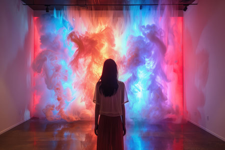 The image is a photograph of a woman standing in front of a colorful, illuminated cloud-like installation. The woman is wearing a white dress and has her back to the camera. The installation is made up of many small, individual lights that are arranged to create the illusion of a three-dimensional cloud. The colors of the lights are constantly changing, creating a sense of movement and dynamism. The image is both beautiful and thought-provoking, and it invites viewers to consider the nature of reality and perception.の素材