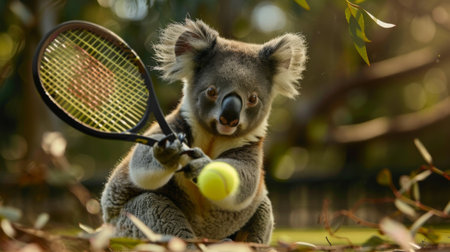 A cute koala is playing tennis. It is a very funny picture.の素材