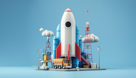 3D rendering of a rocket launching from a launch pad. The rocket is white and red with a blue background. There are clouds of smoke coming from the rocket engines. There is a truck and other equipment near the rocket.の素材