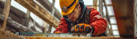 A construction worker in a hard hat works on a project.の素材