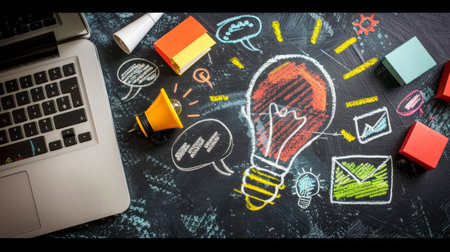 A glowing lightbulb with a hand pointing up symbolizes a new idea. It is surrounded by a laptop, speech bubbles and colorful blocks.の素材