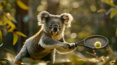 A cute and funny koala is playing tennis in the Australian forest. It is a great photo for an advertisement for a new line of tennis clothing.の素材