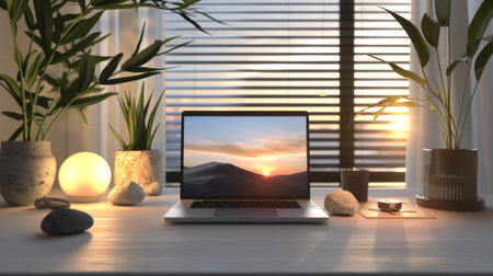 A laptop with a sunset screensaver sits on a desk with potted plants and decor.  Sunlight streams through the blinds in the background.の素材
