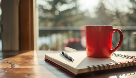 A cup of coffee and a notebook on the wooden table near the window.の素材