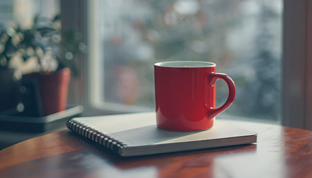 A red coffee mug sits on a desk next to an open spiral notebook. The mug is filled with coffee and there is a plant in the background.の素材