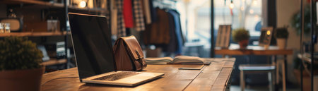 A laptop sits on a wooden table in a shop with shelves and a window.の素材