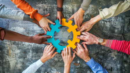 A group of diverse hands holding puzzle pieces together.の素材