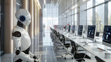 A white humanoid robot stands in a modern office setting, with rows of computers and large windows in the background.  The image depicts the future of work and automation.の素材