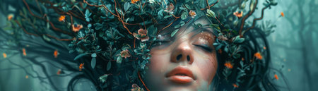 A woman's face is half-hidden by a mass of vines and leaves.の素材