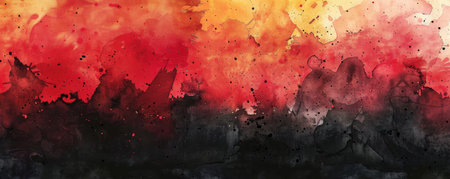 Abstract watercolor painting with red, orange and black colors.の素材