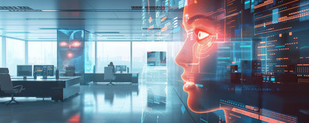 Abstract digital portrait of a woman in a futuristic office setting.の素材