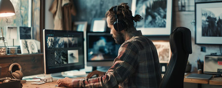 Young man in headphones sitting at desk in office and working on computerの素材