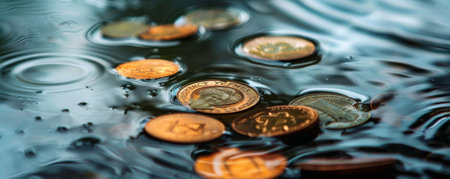After the rain, the copper coins scattered on the ground are scattered in the water.の素材