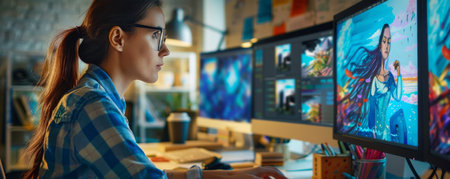 Portrait of female graphic designer sitting at graphic studio and working on laptop.の素材