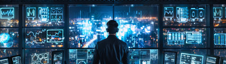 Back view of businessman against night cityscape with glowing charts and diagramsの素材