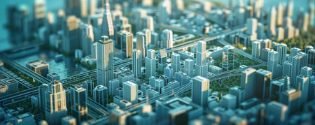 3D illustration of a futuristic city with skyscrapers and buildingsの素材
