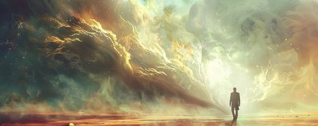 Man standing in the middle of a stormy sea. 3D Renderingの素材