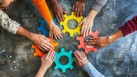 Diverse hands holding colorful gears representing teamwork and cooperation.の素材