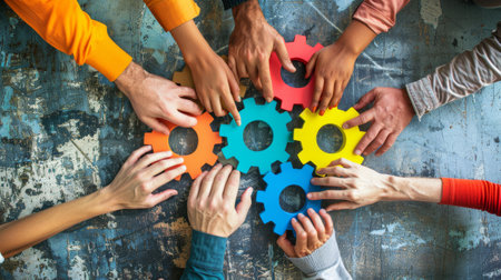 People of different ethnicities holding hands around a colorful interlocking gears representing teamwork and cooperation.の素材