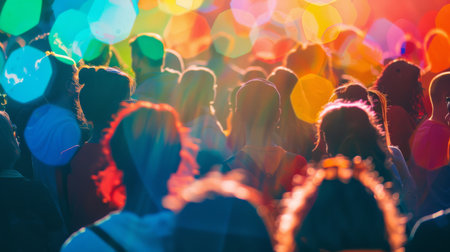Silhouettes of a crowd facing a stage with colorful lights.の素材