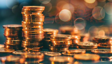 Stacks of gold coins with blurred warm bokeh light background.の素材
