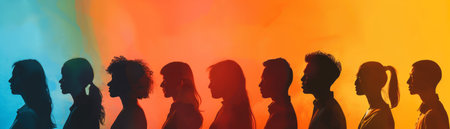 People of different colors and shapes stand in a row against a rainbow background.の素材