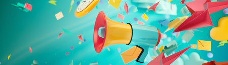 megaphone with yellow and red colors, explosion of confetti in blue background.の素材