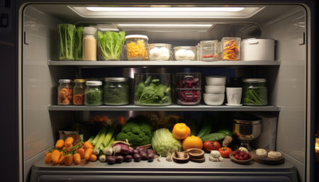 The candidate is looking at the fridge full of healthy food.の素材