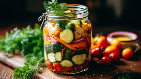 The image shows a glass jar of pickled vegetables, including cucumbers, carrots, and tomatoes. The jar is sitting on a wooden table and is surrounded by fresh herbs. The image is taken from a high angle and the background is blurred.の素材