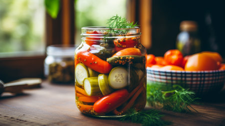 The image shows a jar of pickles on a wooden table, with a bowl of tomatoes in the background. The pickles are an assortment of cucumbers and red peppers, and are garnished with dill.の素材