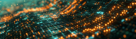 The image is an abstract representation of a circuit board. The green and orange dots represent the different components of the circuit board. The image is very detailed and intricate.の素材