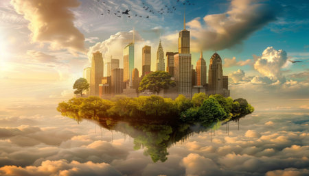 The image shows a beautiful floating island with a city on it. The island is surrounded by clouds and there are birds flying around it. The city is full of skyscrapers and green trees.の素材