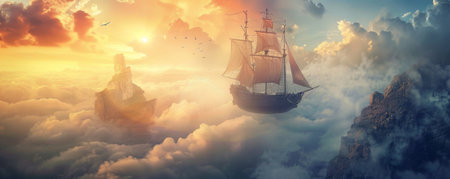 The image shows a boat floating above the clouds with bright light in the background.の素材