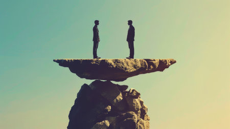 Two men standing on a rock, balancing on a thin edge.  The sky is a gradient of blue and yellow.の素材