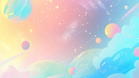 The image shows a pastel-colored space scene with planets and stars.の素材