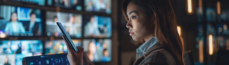 Thoughtful businesswoman using smartphone in front of video wall.の素材