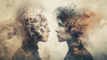 The image shows a man and a woman with their faces close together. The man's face is on the left side of the image and the woman's face is on the right side. Both faces are in profile. The background is a light blue color.の素材